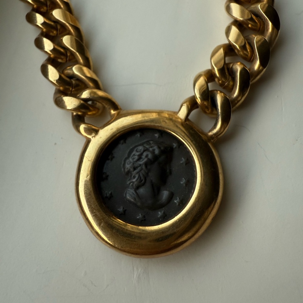 Vintage 1990’s Greek Coin Necklave Gold and Black Medallion Necklace